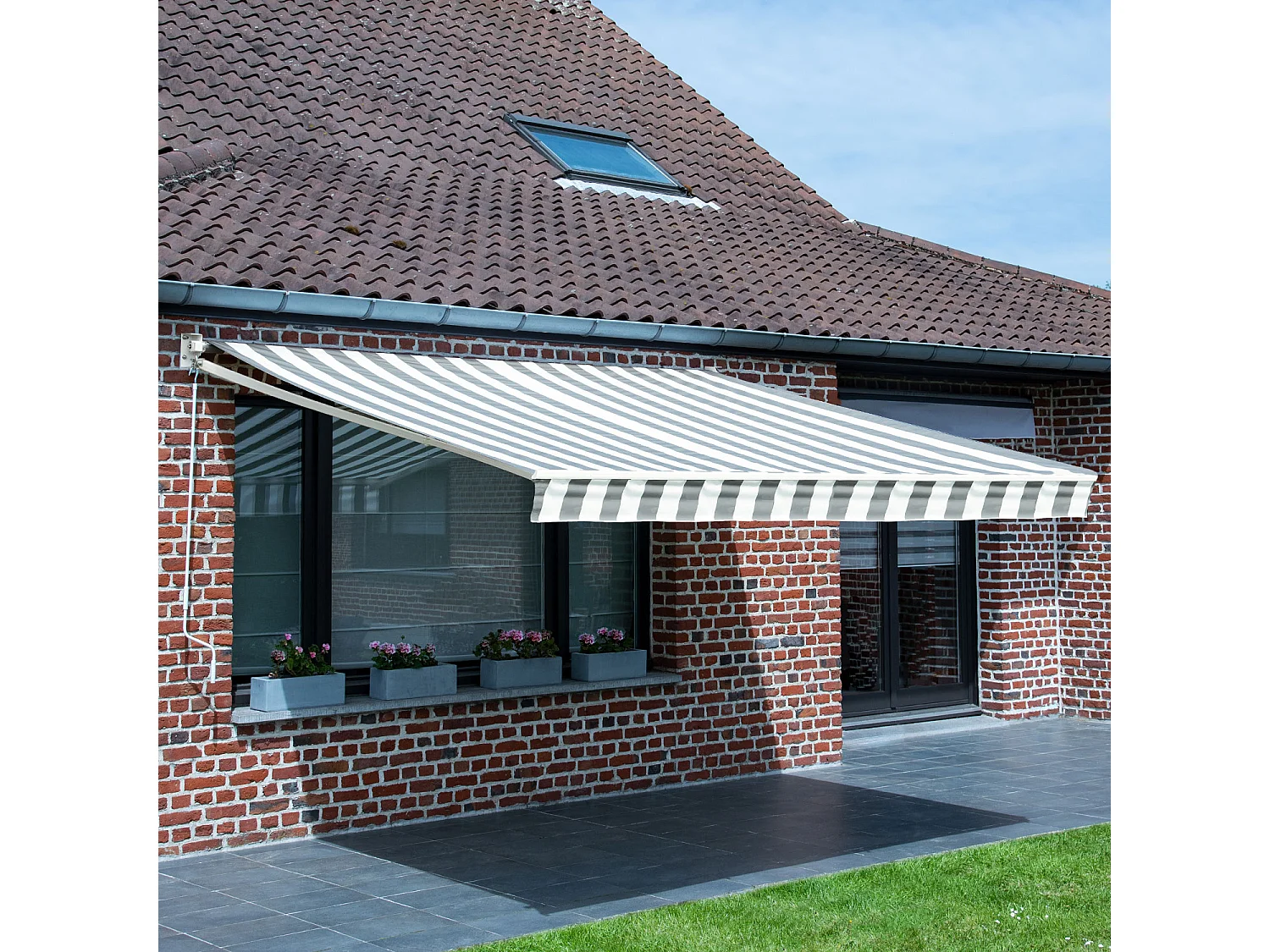 SAULE luifel 2,5 × 2m - Wit/grijs gestreept doek en witte structuur