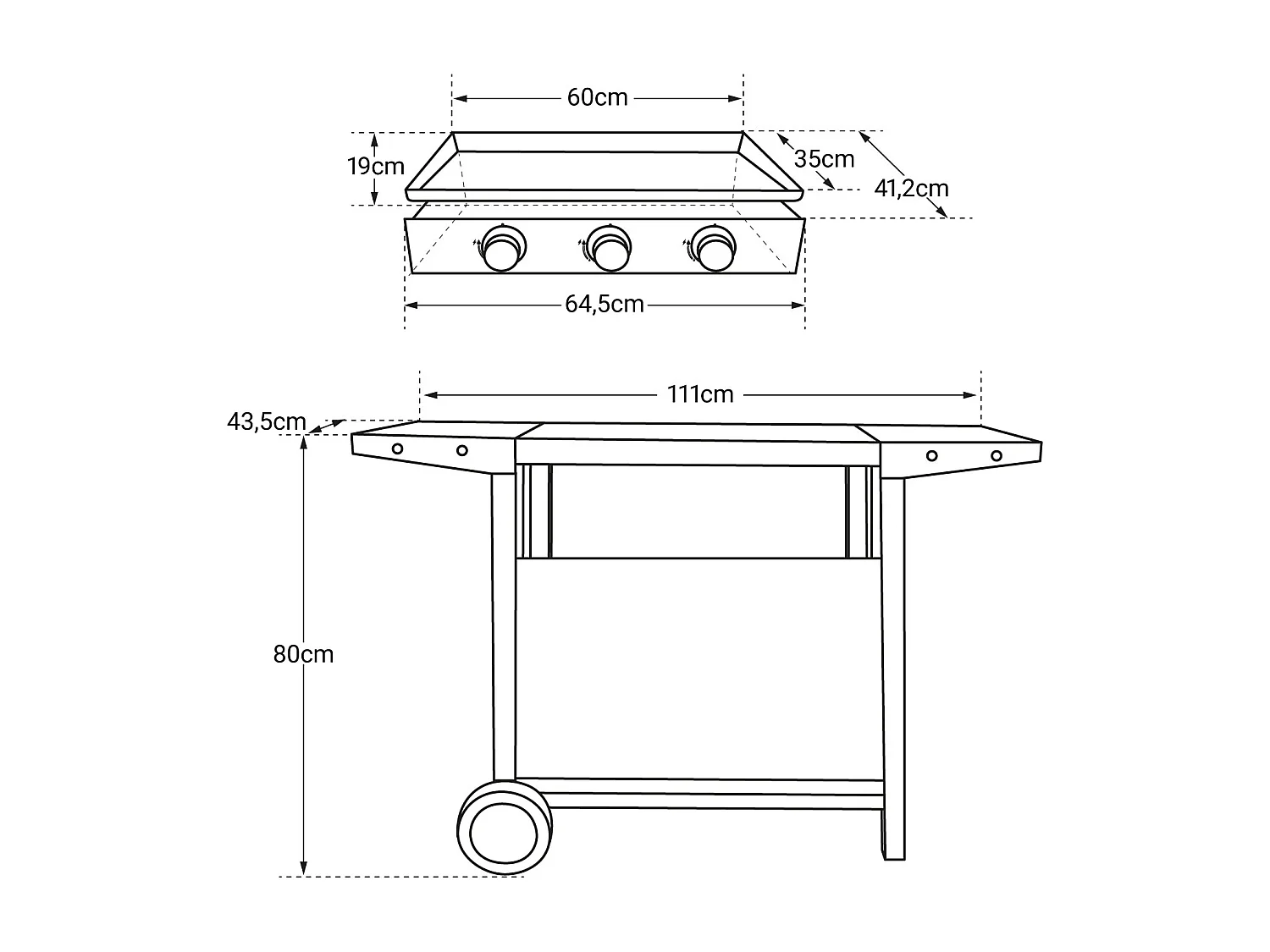 Plancha au gaz MÉRIDA 3 brûleurs + chariot