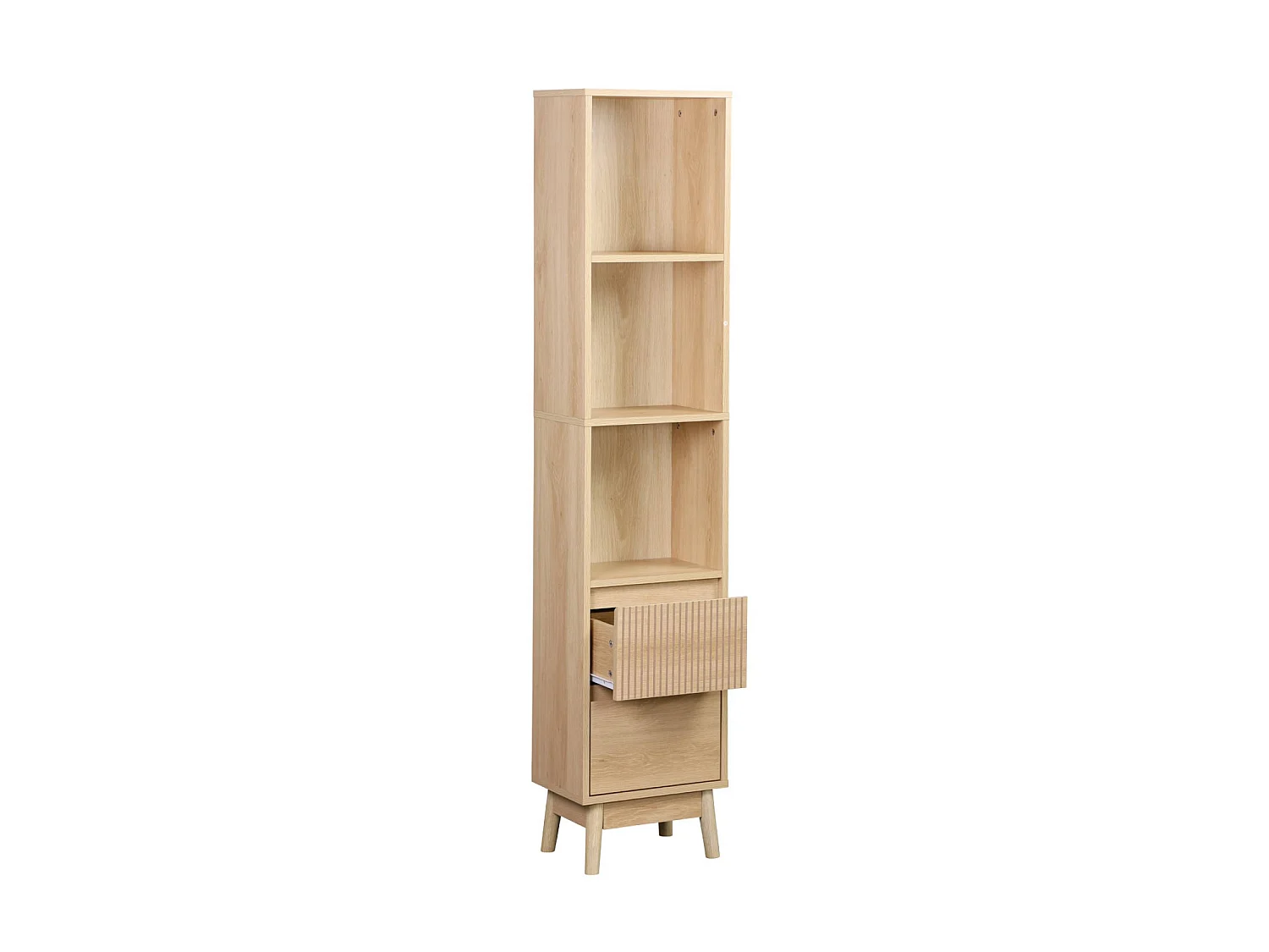 Colonne de rangement décor bois LINEAR 3 étagères 2 tiroirs. 35 x 25 x 167 cm. Naturel