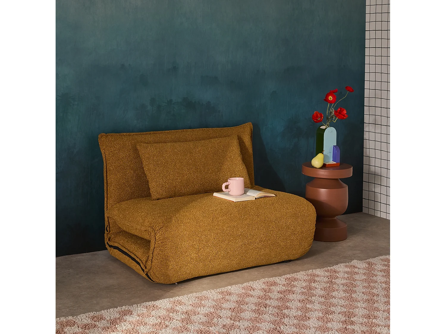 Chauffeuse convertible 1 place en bouclette texturée moutarde L 99 x P 80 x  H 66 cm - Fleeep