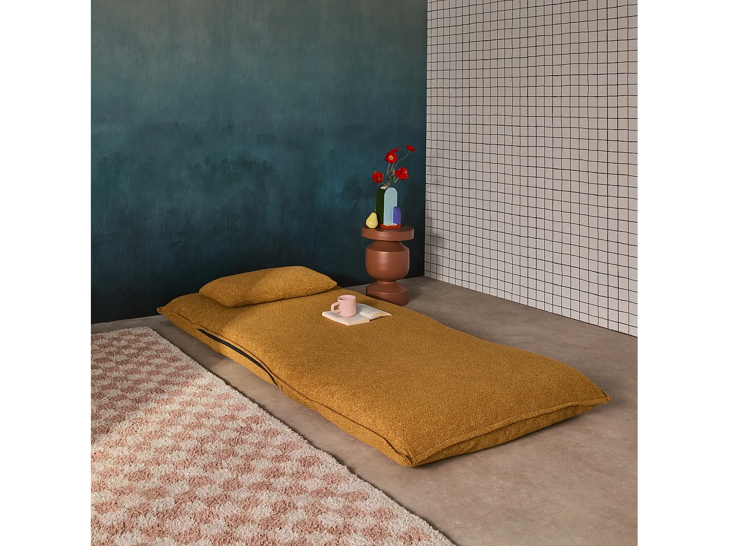 Chauffeuse convertible 1 place en bouclette texturée moutarde L 99 x P 80 x  H 66 cm - Fleeep