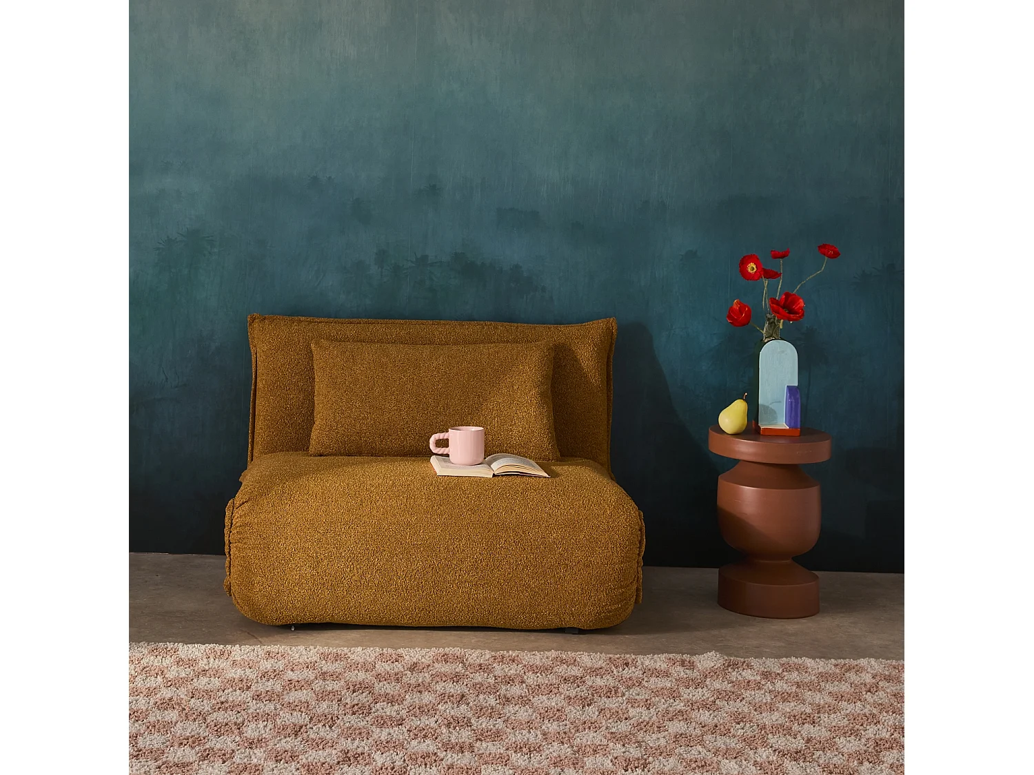 Chauffeuse convertible 1 place en bouclette texturée moutarde L 99 x P 80 x  H 66 cm - Fleeep