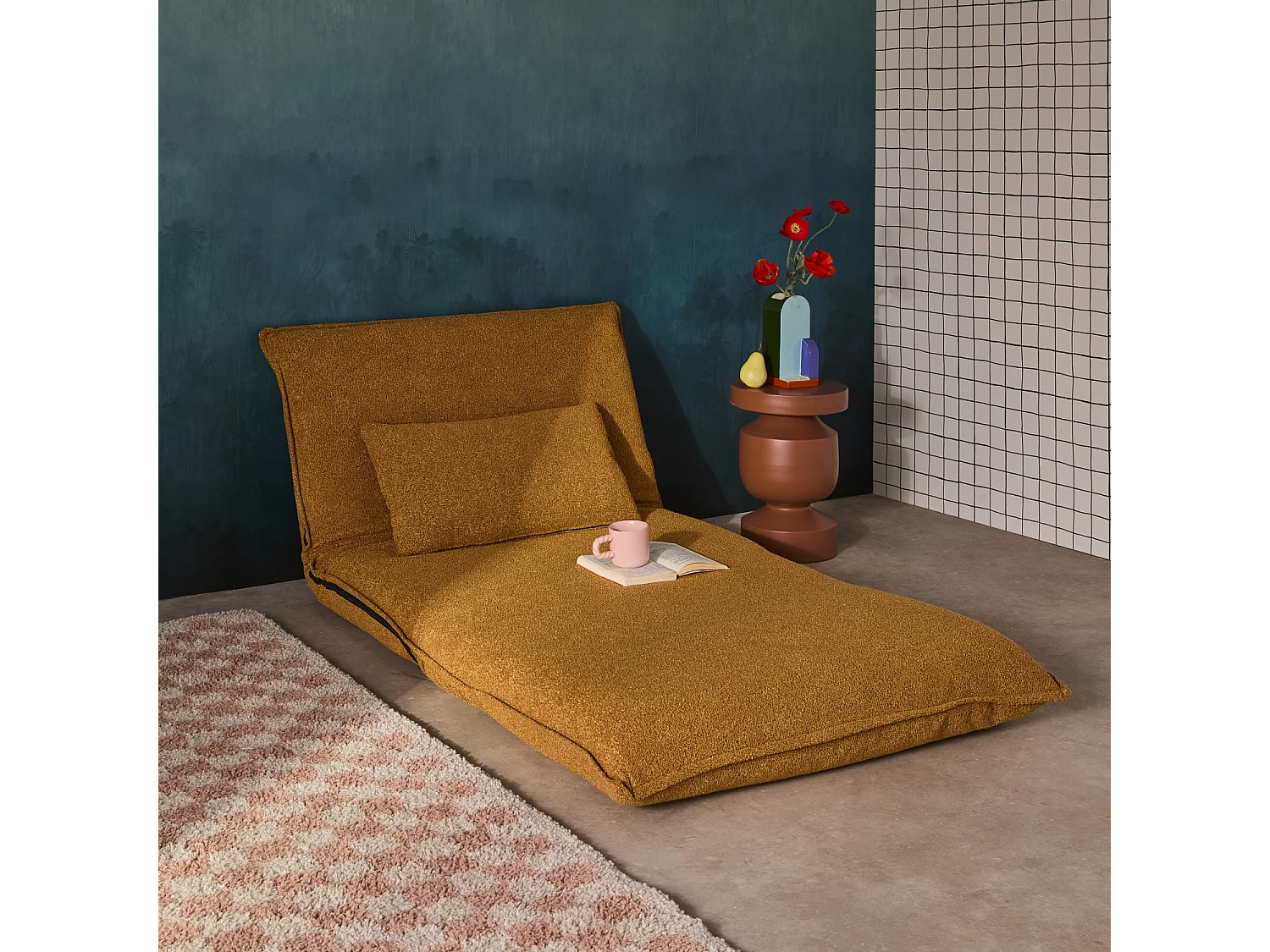 Chauffeuse convertible 1 place en bouclette texturée moutarde L 99 x P 80 x  H 66 cm - Fleeep