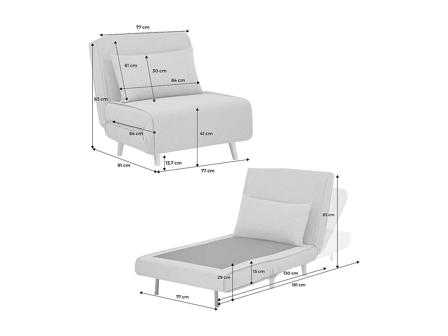 Poltrona letto convertibile tessuto con piedi in legno 1 posto