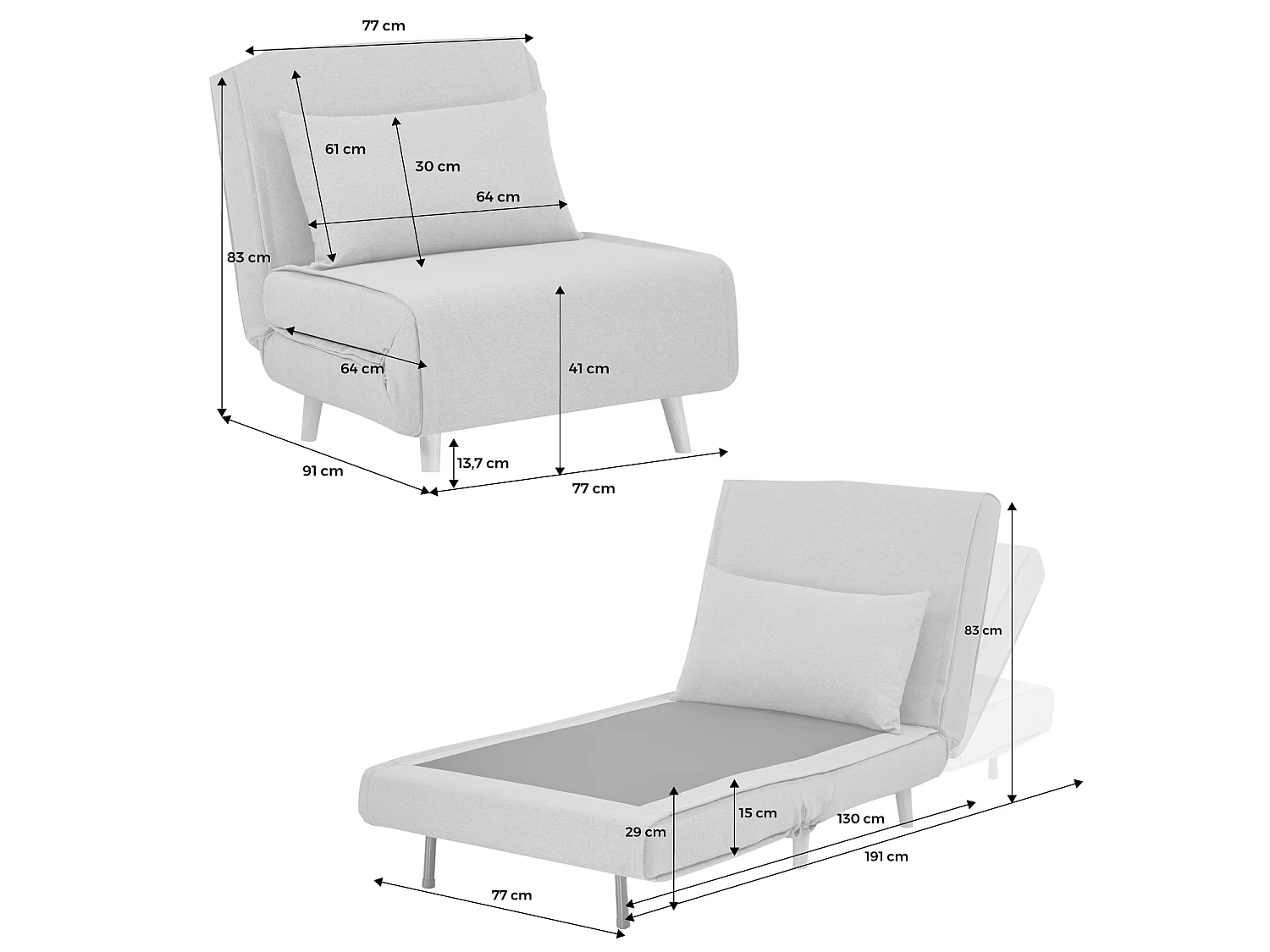 Poltrona letto convertibile tessuto con piedi in legno 1 posto