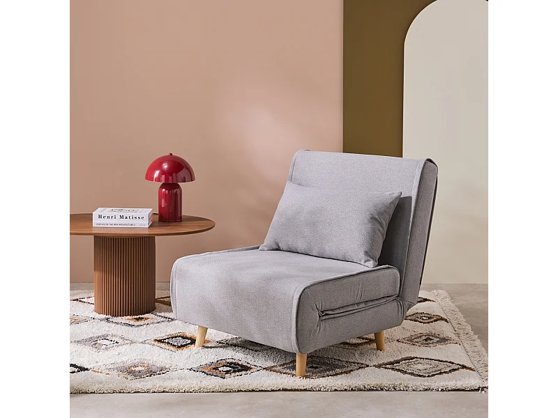 Silla convertible en cama tela base madera, 1 plaza gris