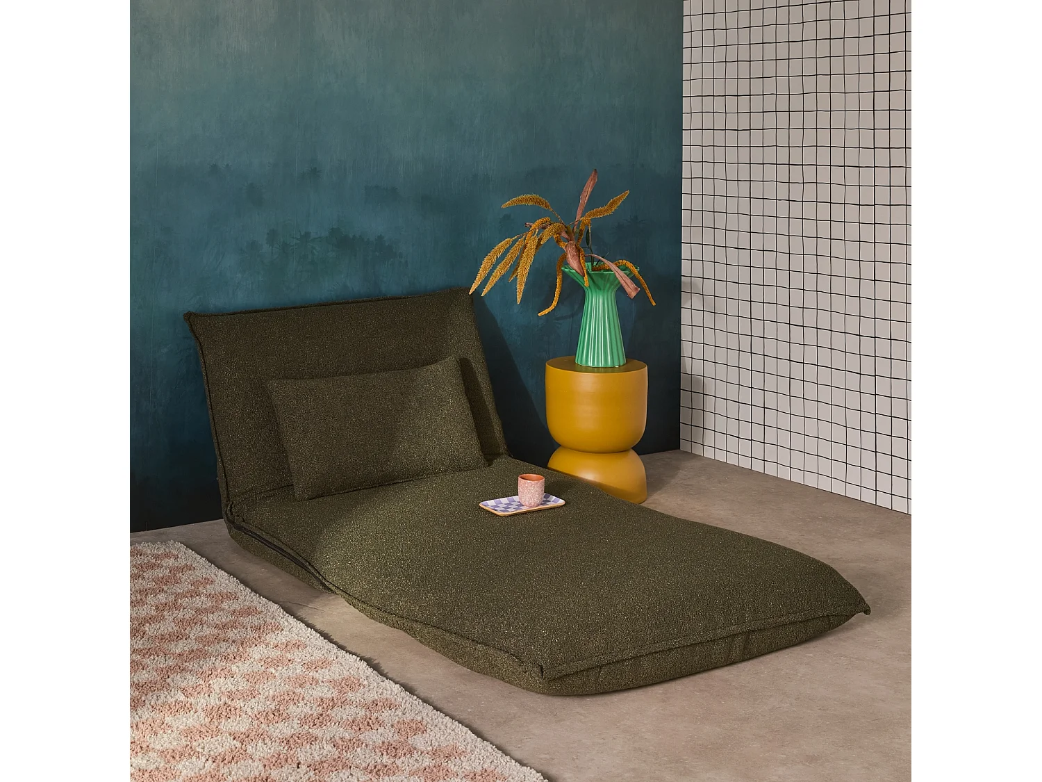 Chauffeuse convertible 1 place en bouclette texturée kaki L 99 x P 80 x  H 66 cm - Fleeep