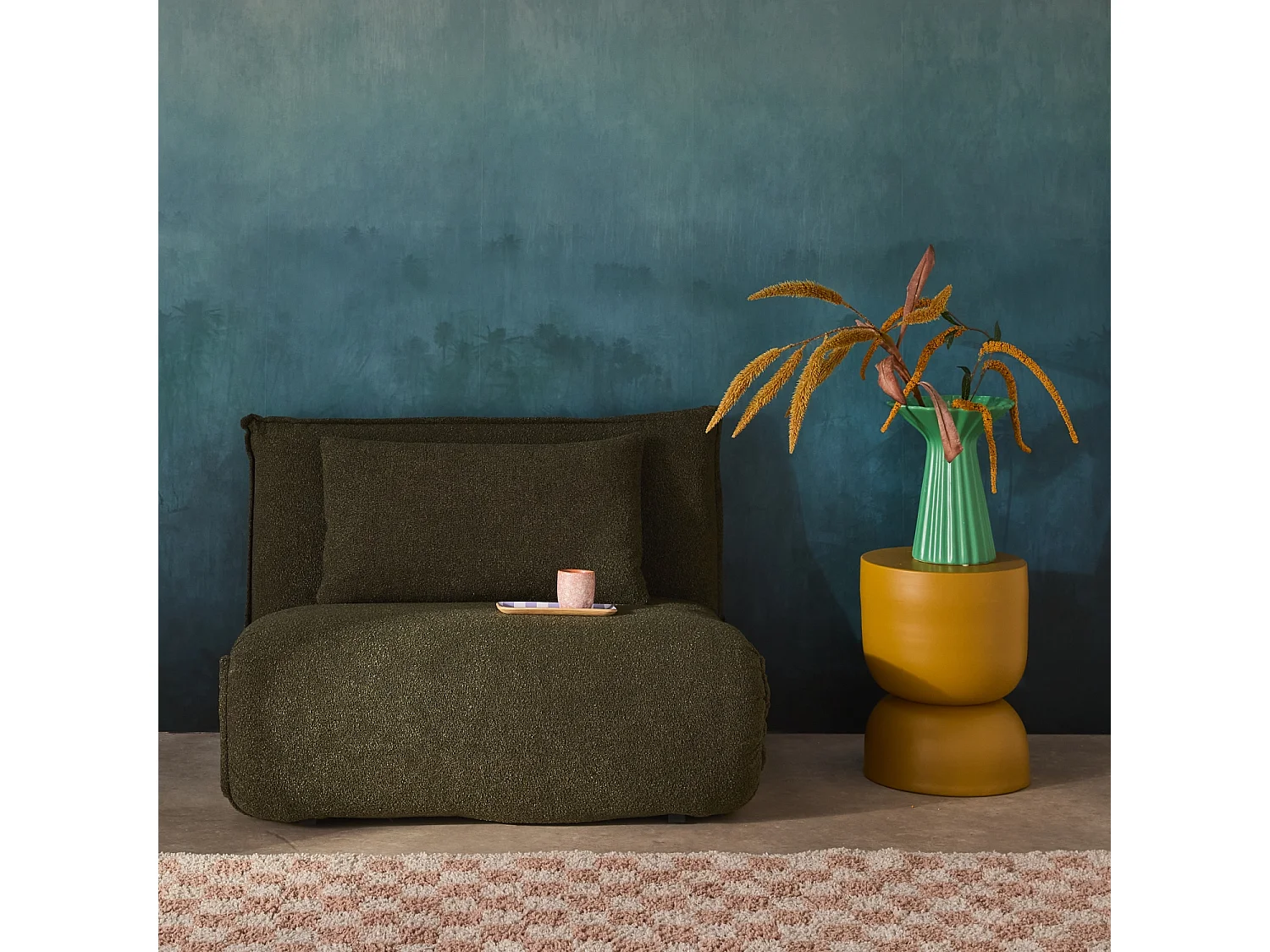 Chauffeuse convertible 1 place en bouclette texturée kaki L 99 x P 80 x  H 66 cm - Fleeep