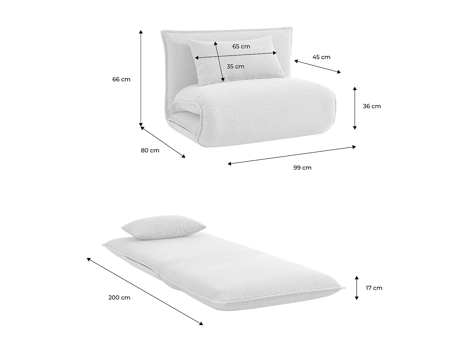 Chauffeuse convertible 1 place en bouclette texturée blanc cassé L 99 x P 80 x  H 66 cm - Fleeep
