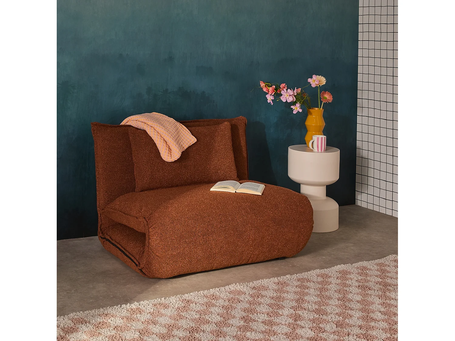 Chauffeuse convertible 1 place en bouclette texturée terracotta L 99 x P 80 x  H 66 cm - Fleeep