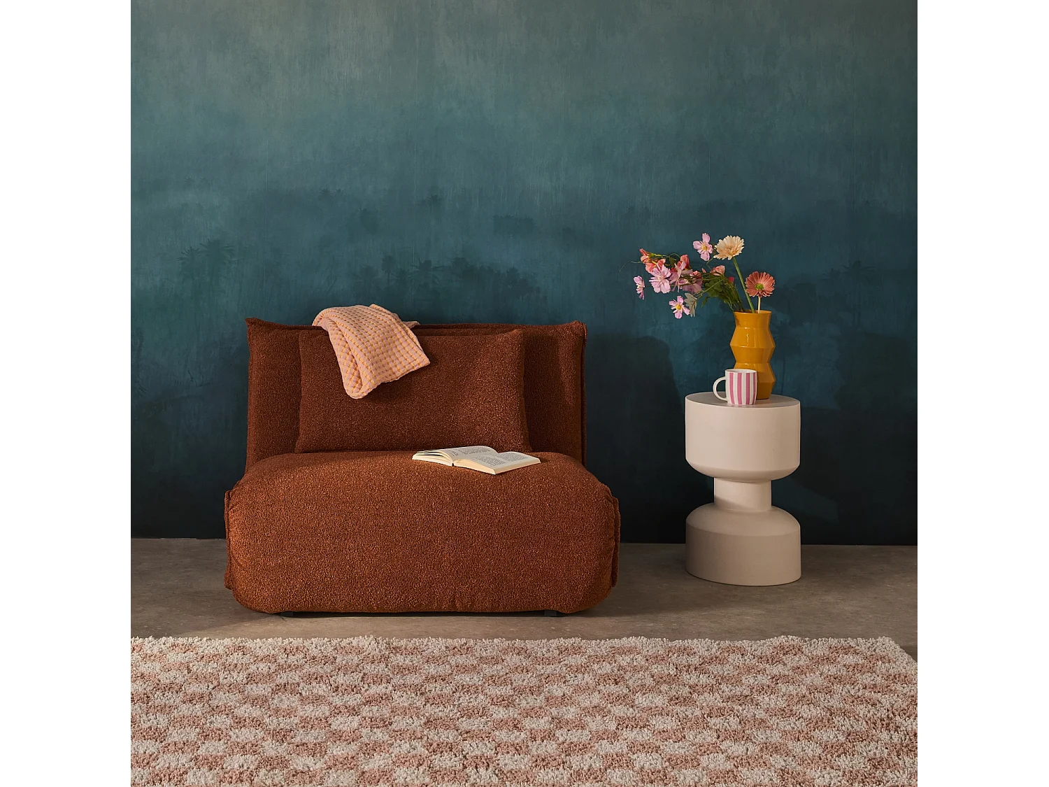 Chauffeuse convertible 1 place en bouclette texturée terracotta L 99 x P 80 x  H 66 cm - Fleeep