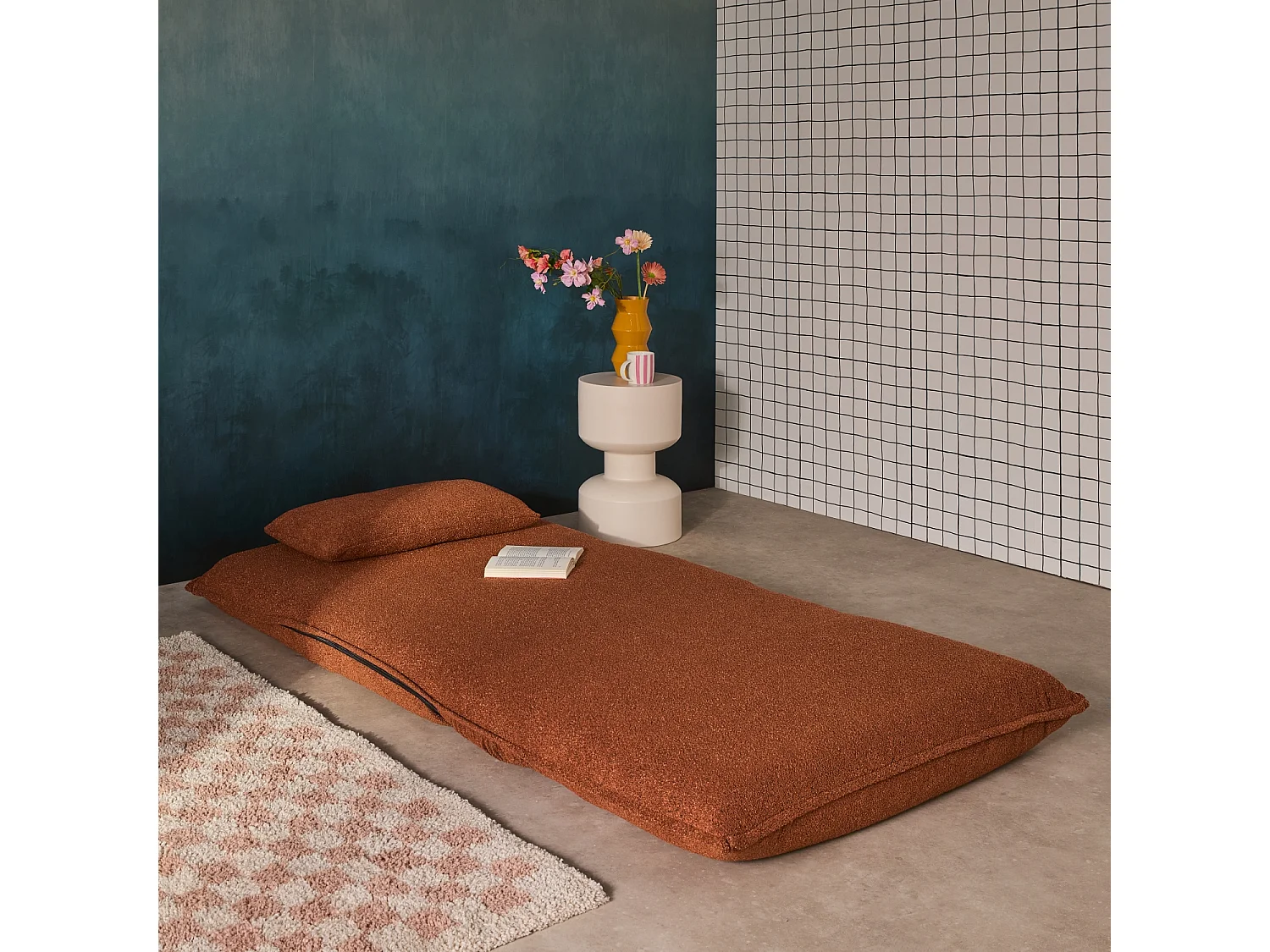 Chauffeuse convertible 1 place en bouclette texturée terracotta L 99 x P 80 x  H 66 cm - Fleeep