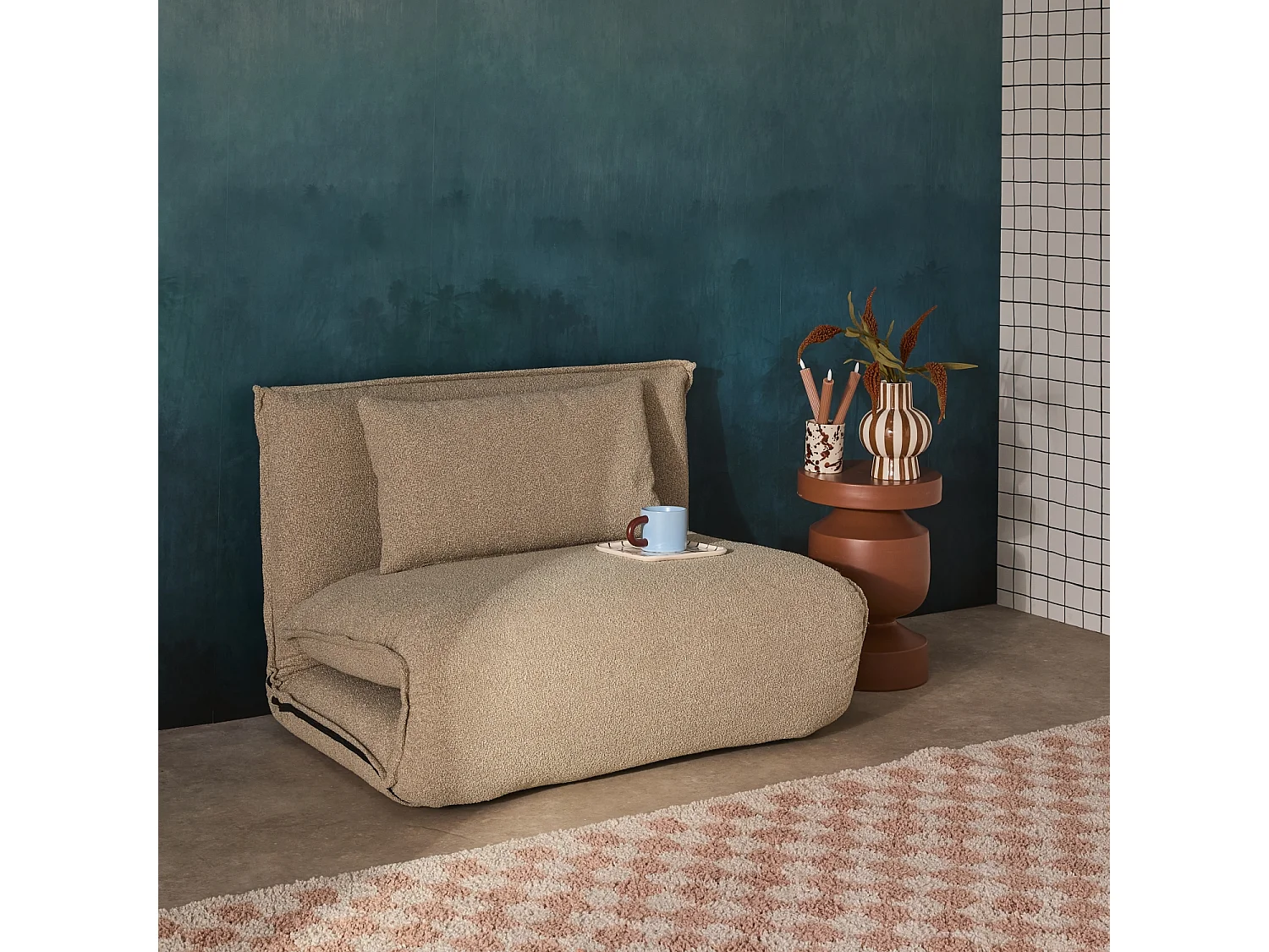 Chauffeuse convertible 1 place en bouclette texturée beige L 99 x P 80 x  H 66 cm - Fleeep