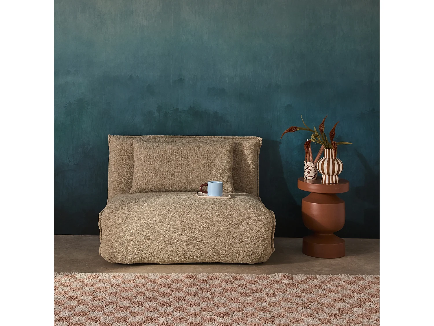 Chauffeuse convertible 1 place en bouclette texturée beige L 99 x P 80 x  H 66 cm - Fleeep