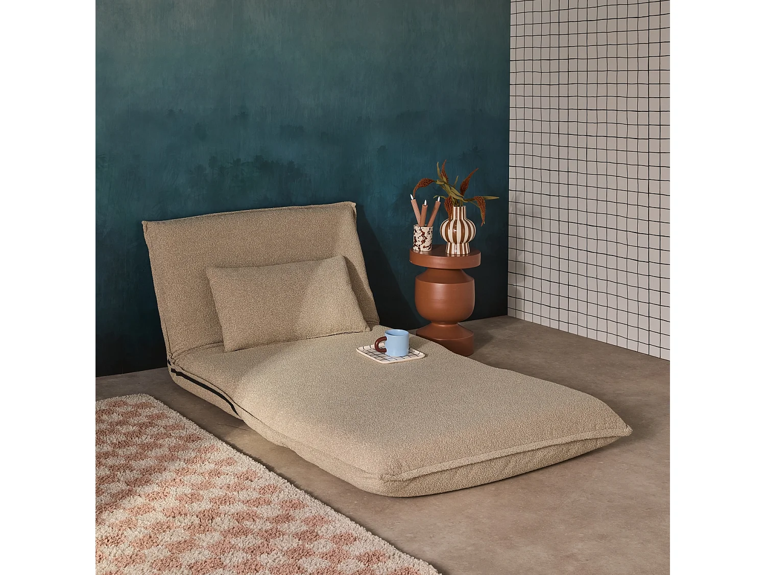 Chauffeuse convertible 1 place en bouclette texturée beige L 99 x P 80 x  H 66 cm - Fleeep