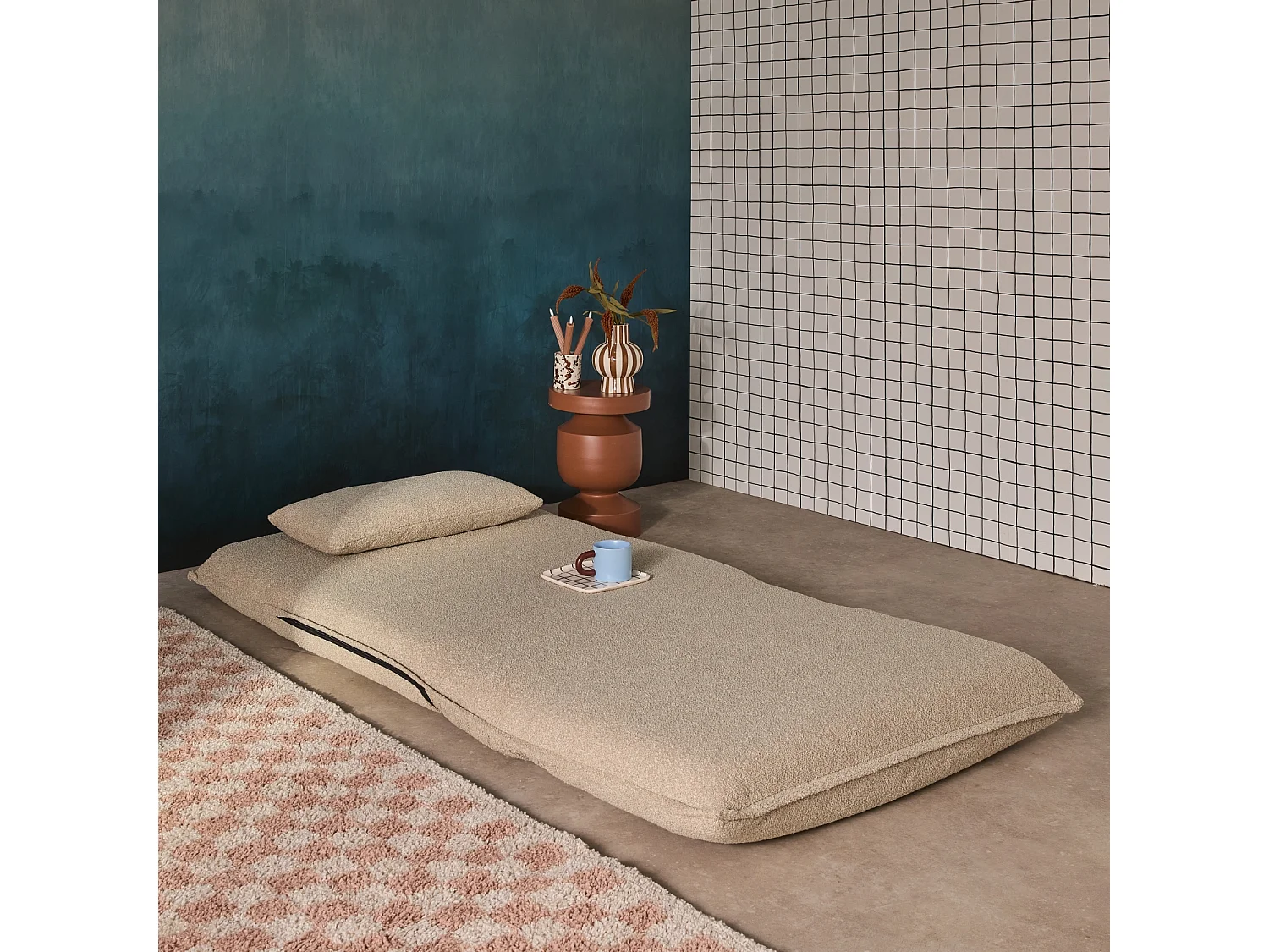 Chauffeuse convertible 1 place en bouclette texturée beige L 99 x P 80 x  H 66 cm - Fleeep