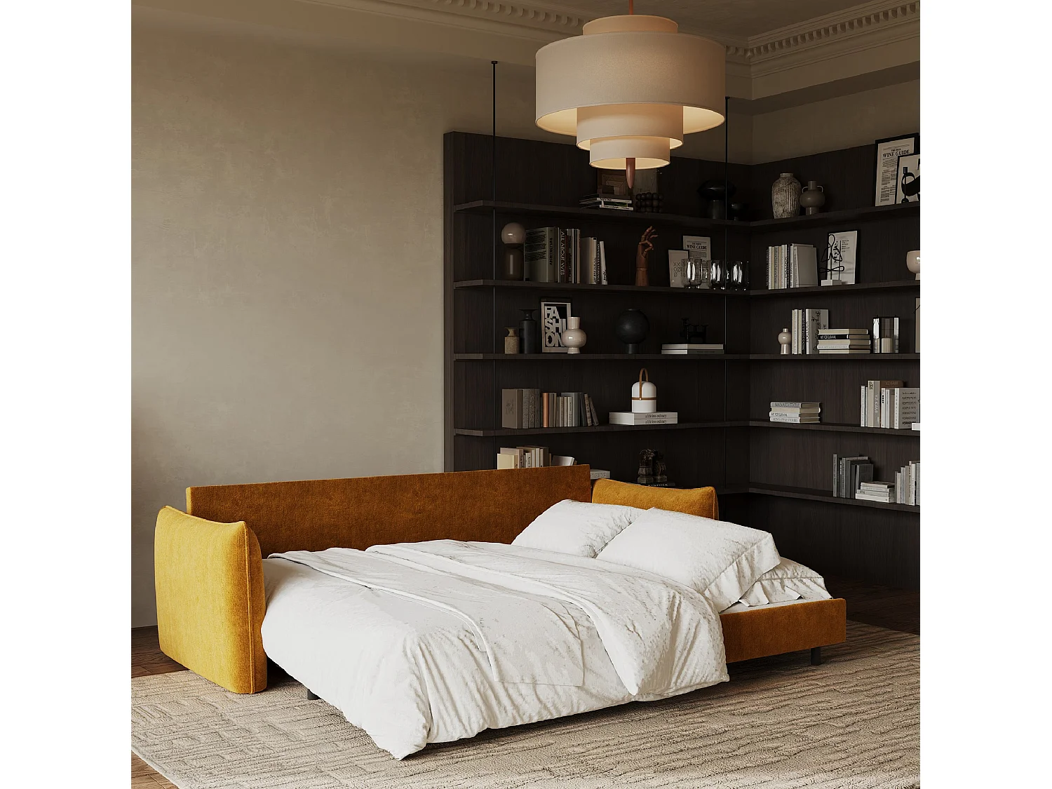 Canapé convertible 3 places velours texturé moutarde 213cm PLUME