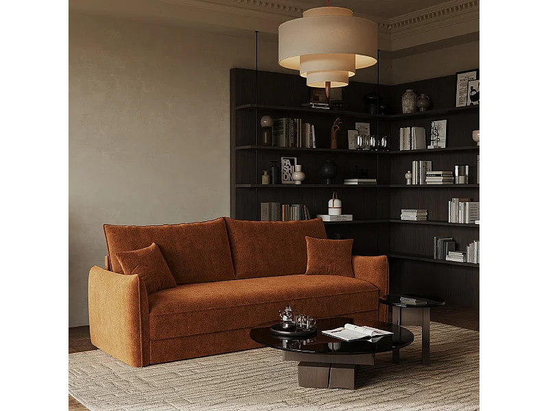 Canapé convertible 3 places velours texturé terracotta 213cm PLUME