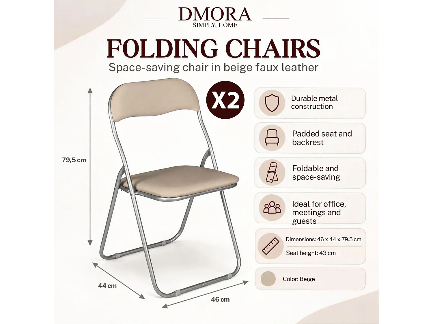 Silla 0, Juego de dos sillas plegables, Asiento para reuniones que ahorra espacio, Sillón para sala de espera, 43x47h78 cm, Beige