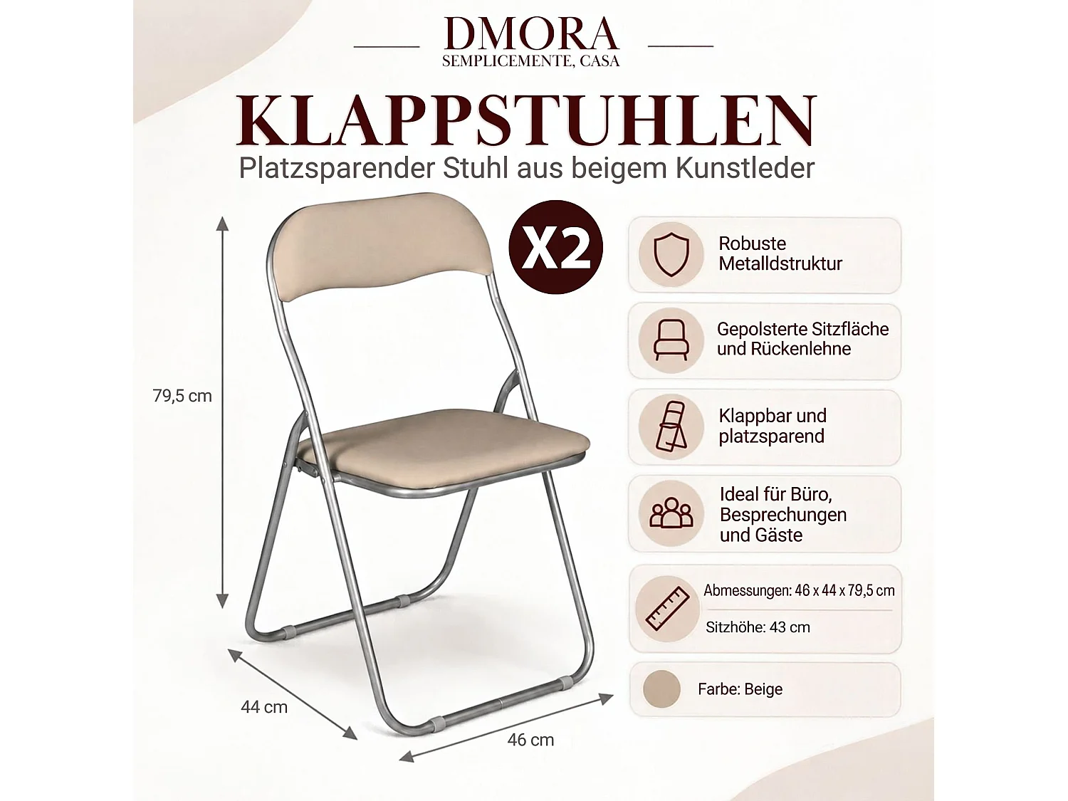 Silla 0, Juego de dos sillas plegables, Asiento para reuniones que ahorra espacio, Sillón para sala de espera, 43x47h78 cm, Beige