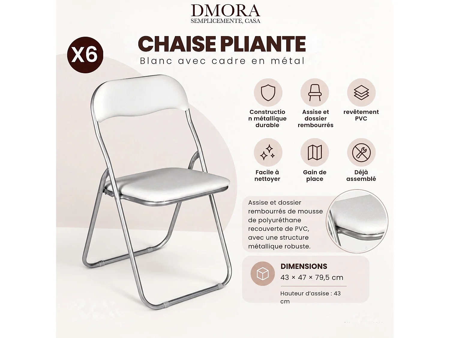 Lot de 6 chaises pliantes Dgraf, Fauteuil gain de place, Chaise invité, Siège de réunion en simili cuir, 43x47h80 cm, Blanc