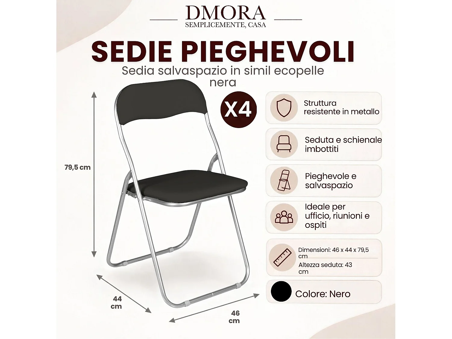 Lot de 4 chaises pliantes Dgraf, Fauteuil gain de place, Chaise invité, Siège de réunion en simili cuir, 43x47h80 cm, Noir