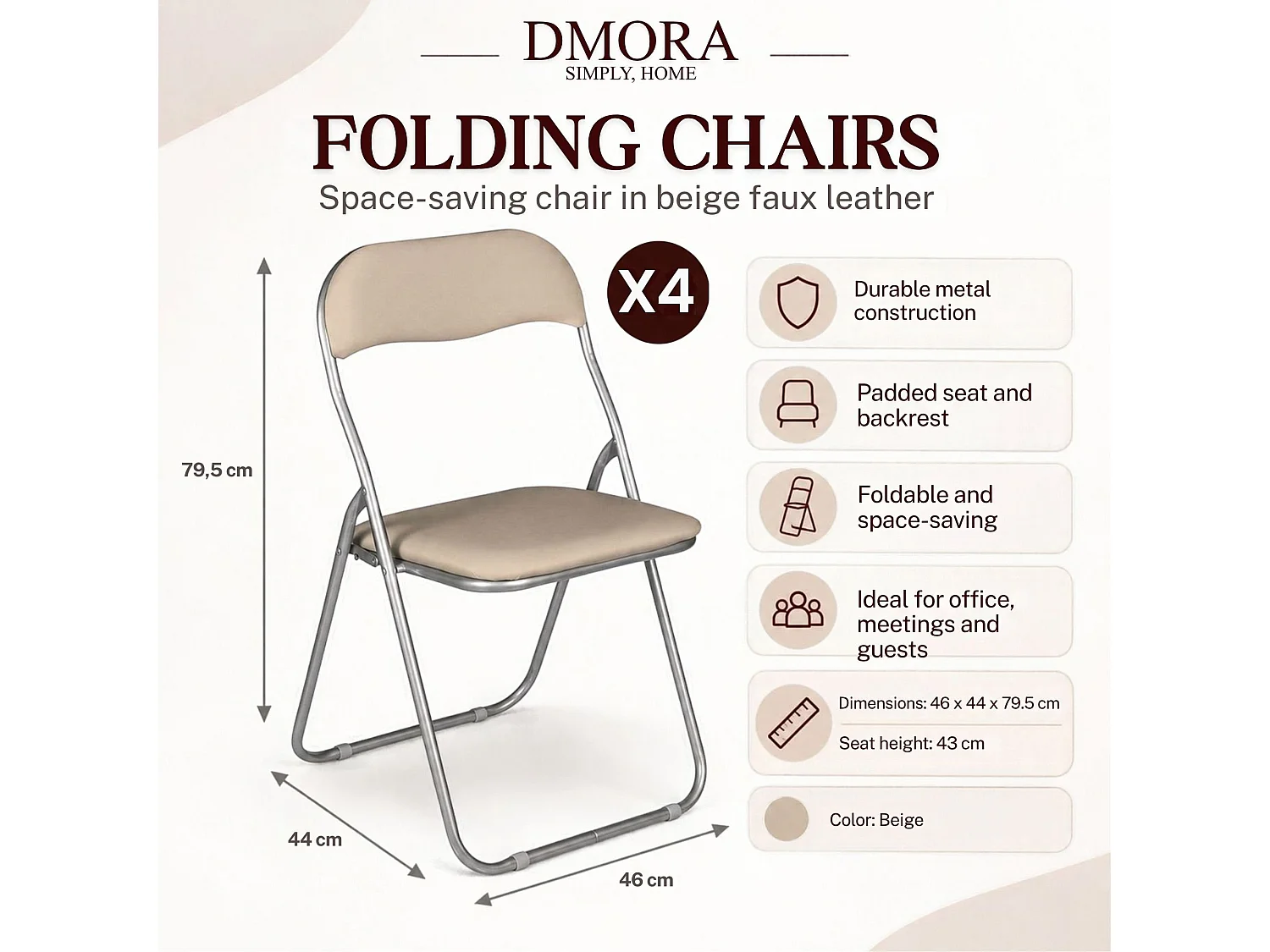 Silla 0, Juego de cuatro sillas plegables, Asiento para reuniones que ahorra espacio, Sillón para sala de espera, 43x47h78 cm, Beige