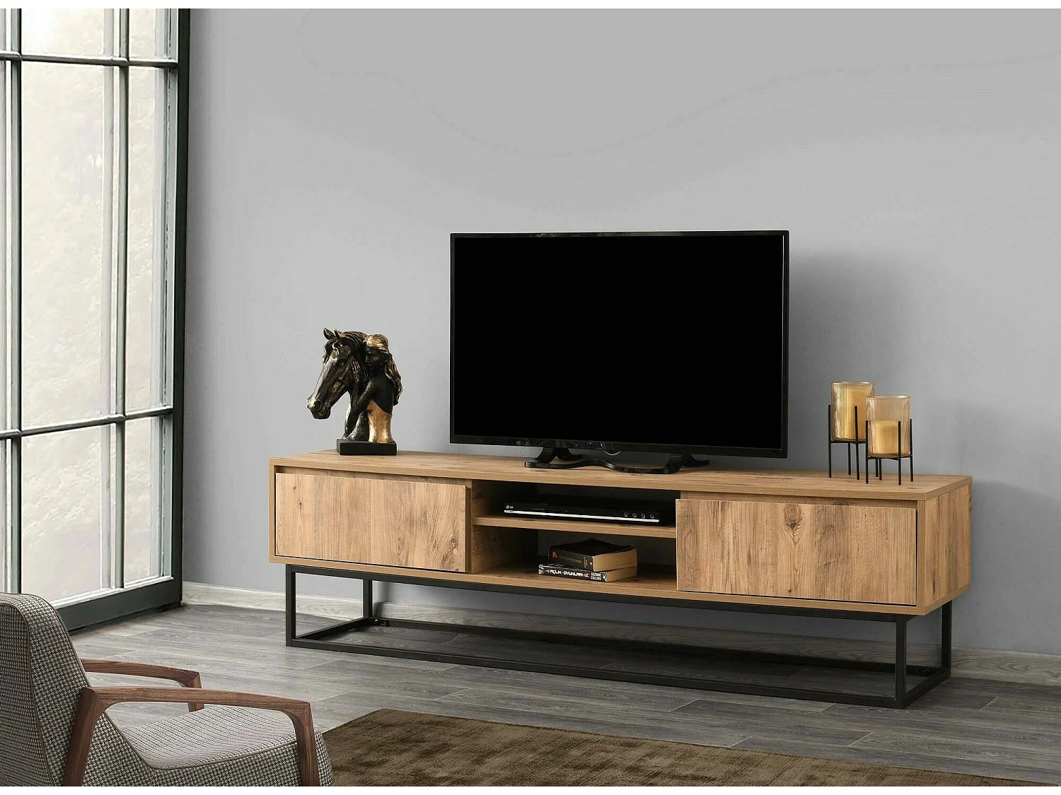 Meuble TV Themis, Buffet de salon, Armoire basse pour TV, Base murale de rangement, 180x40h50 cm, Noir et Chêne