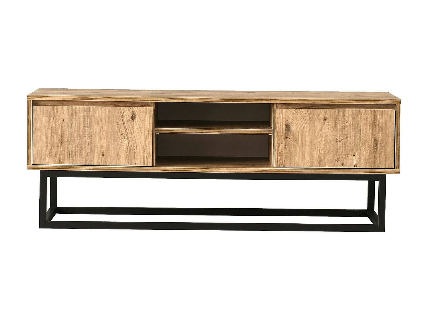Meuble TV Themis, Buffet de salon, Armoire basse pour TV, Base murale de rangement, 180x40h50 cm, Noir et Chêne