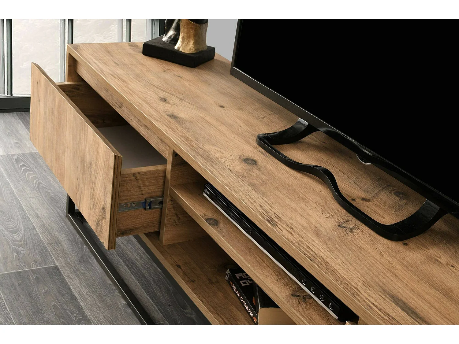 Meuble TV Themis, Buffet de salon, Armoire basse pour TV, Base murale de rangement, 180x40h50 cm, Noir et Chêne