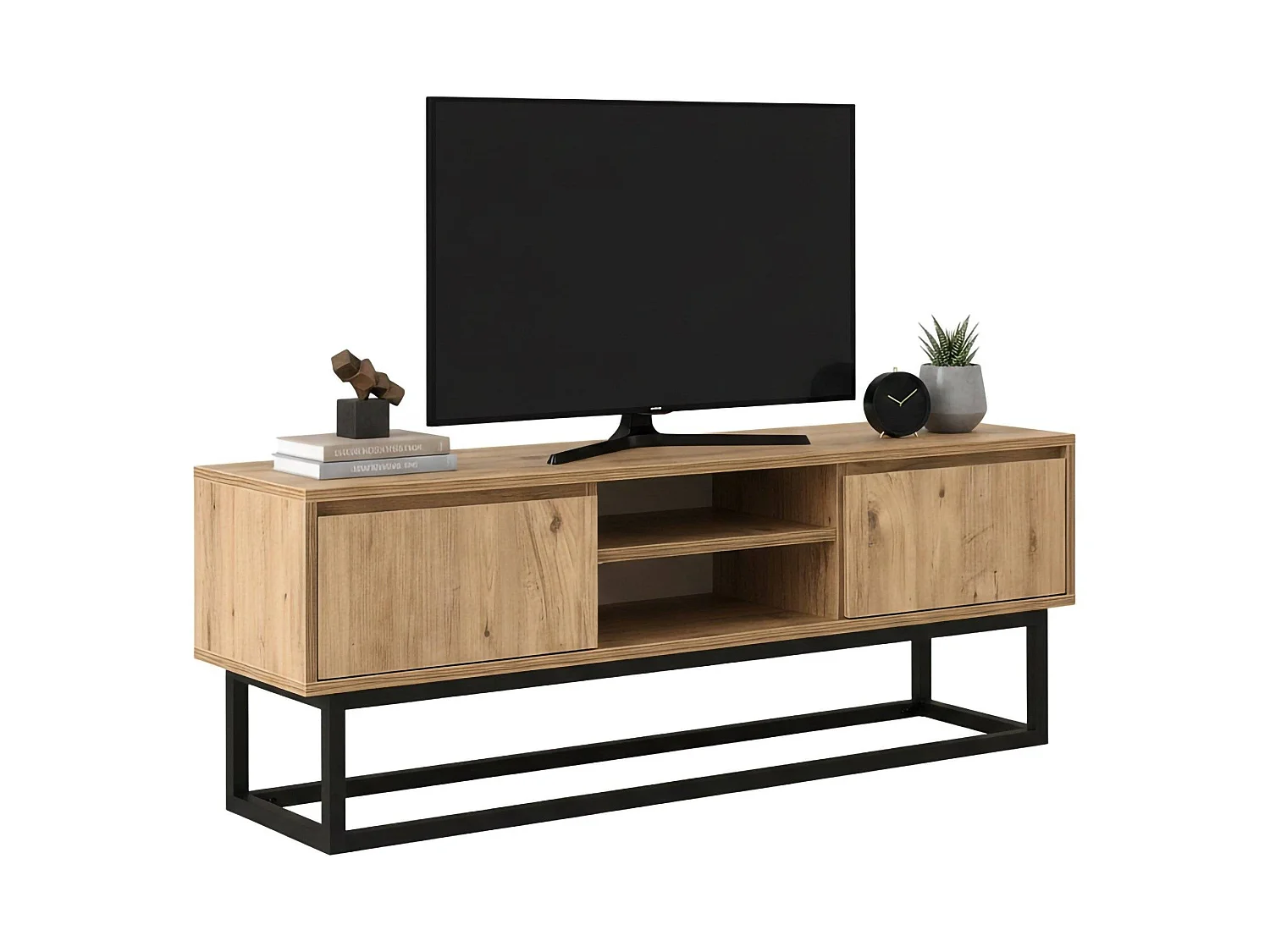 Meuble TV Themis, Buffet de salon, Armoire basse pour TV, Base murale de rangement, 180x40h50 cm, Noir et Chêne