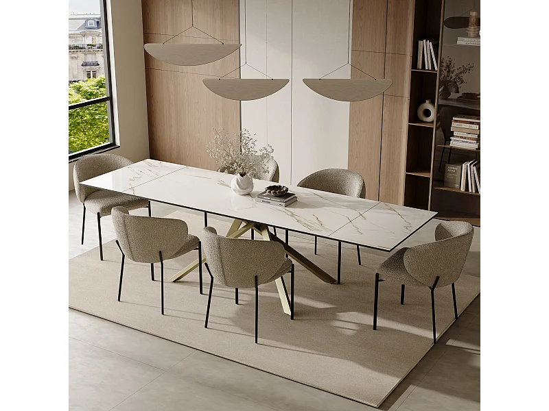 Table extensible 8-10 personnes céramique effet marbre blanc 180cm GINKO
