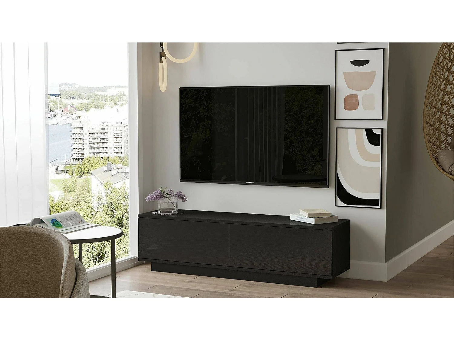 Meuble TV Zaur, Buffet de salon, Armoire basse pour TV, Base murale de rangement, 140x36h38 cm, Noir