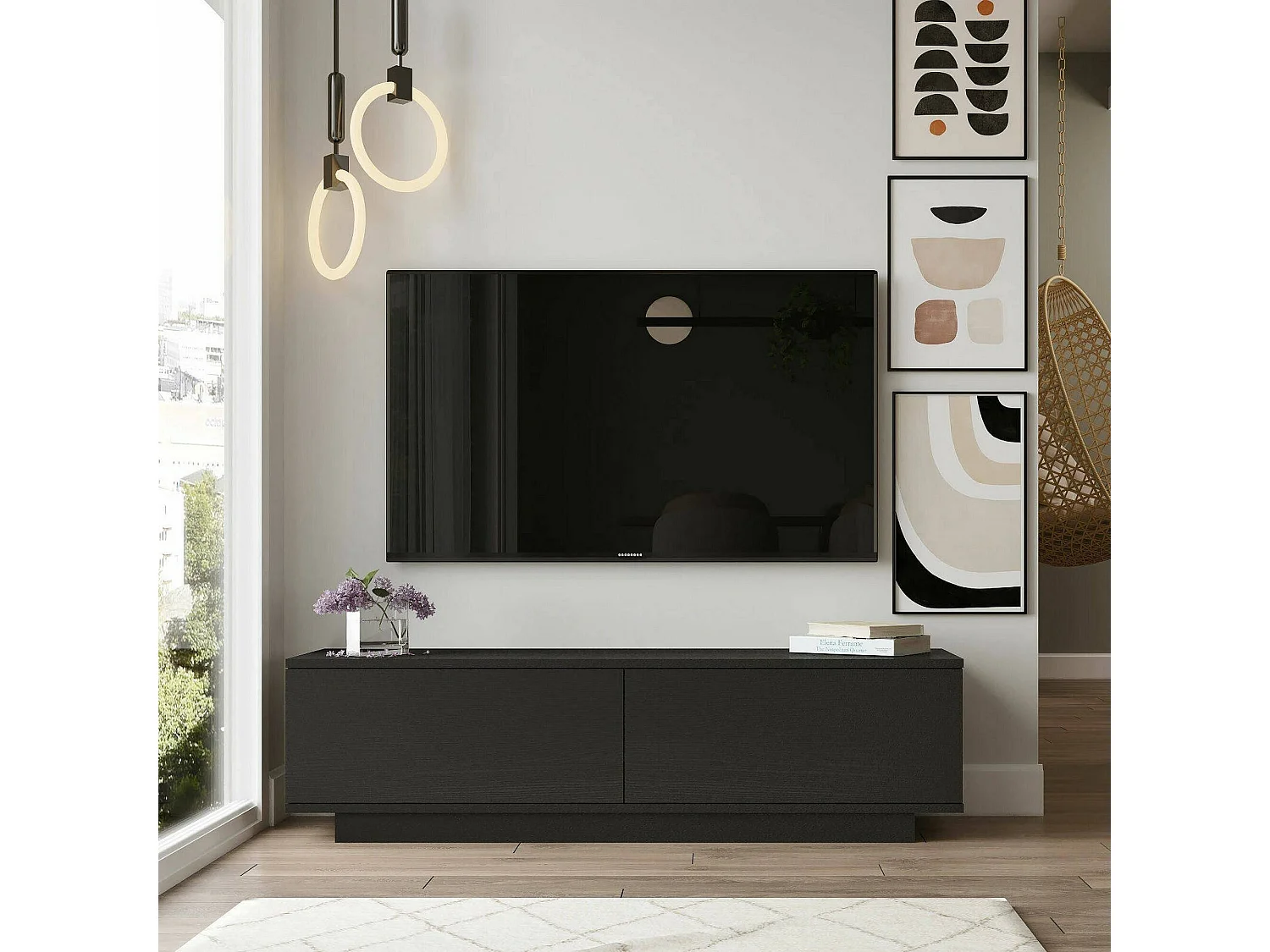Meuble TV Zaur, Buffet de salon, Armoire basse pour TV, Base murale de rangement, 140x36h38 cm, Noir