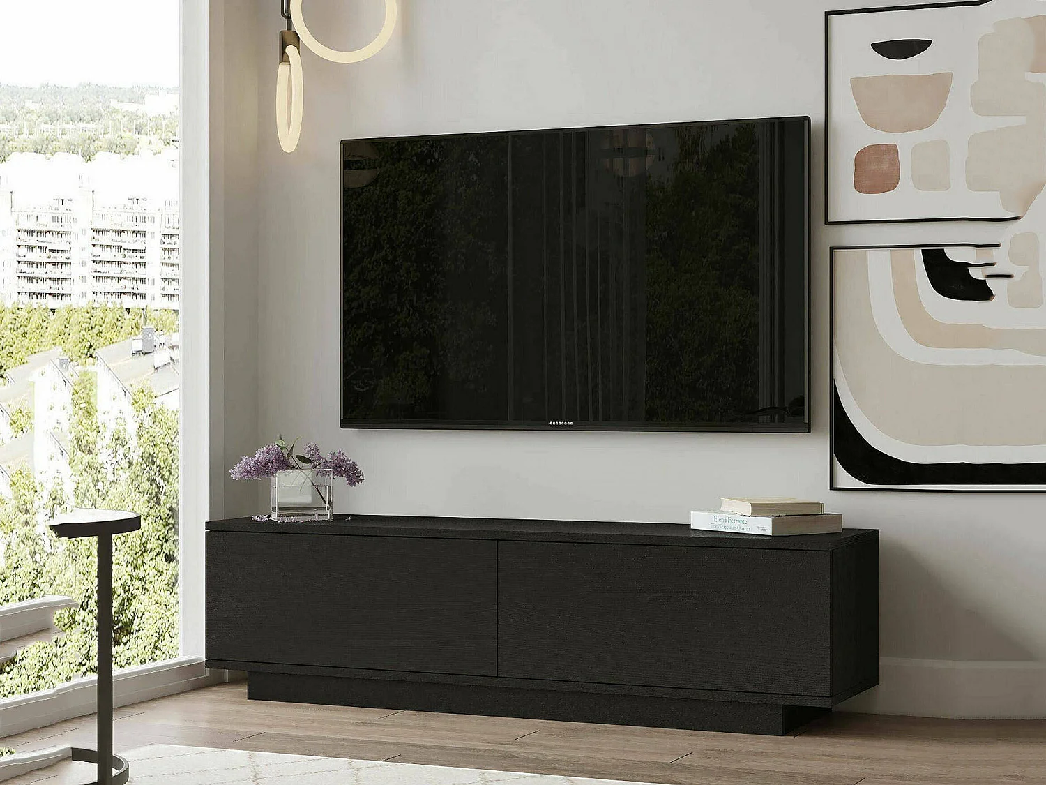 Meuble TV Zaur, Buffet de salon, Armoire basse pour TV, Base murale de rangement, 140x36h38 cm, Noir