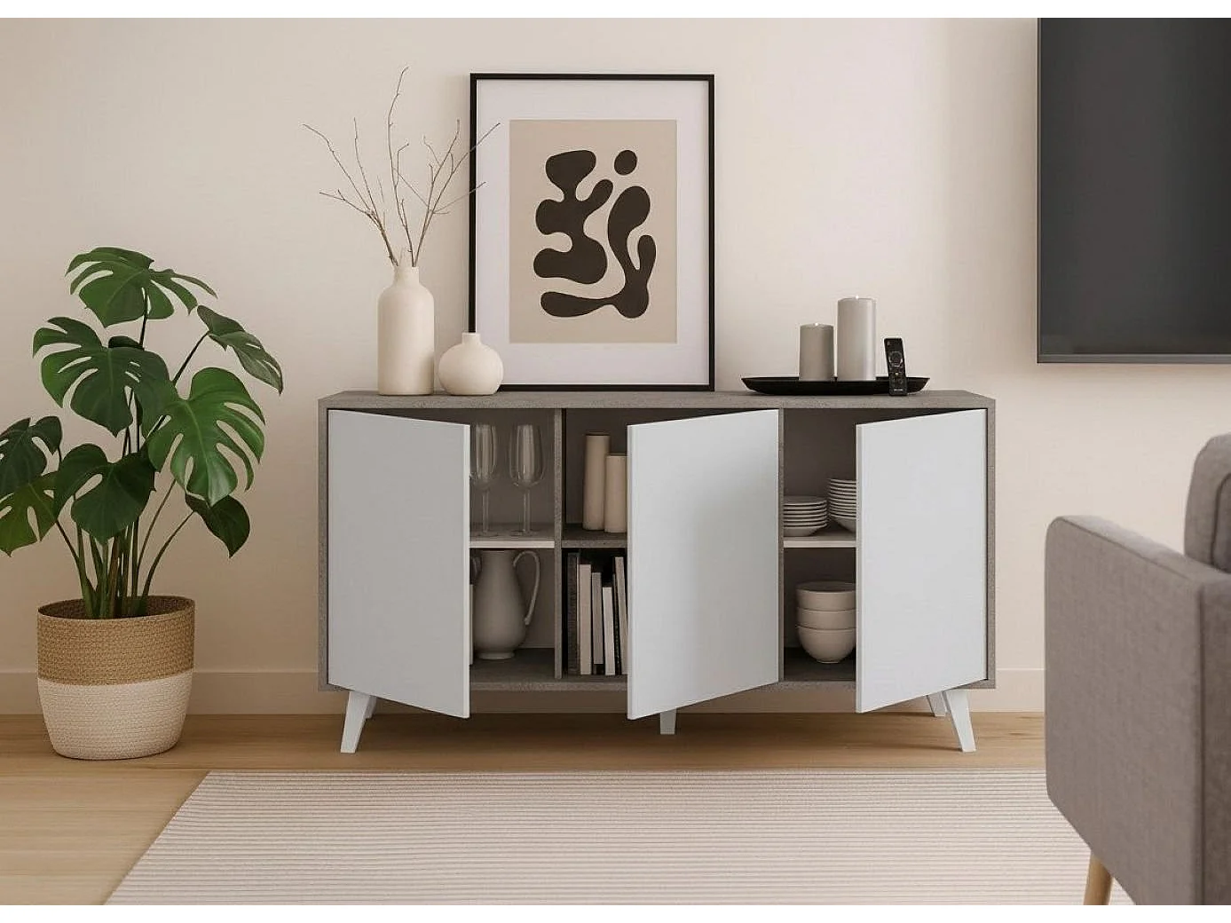 Dabaid Dressoir, Woonkamerbuffet, Woonkamer, Keukenkast, 154x40h72 cm, Lichtgrijs en Wit