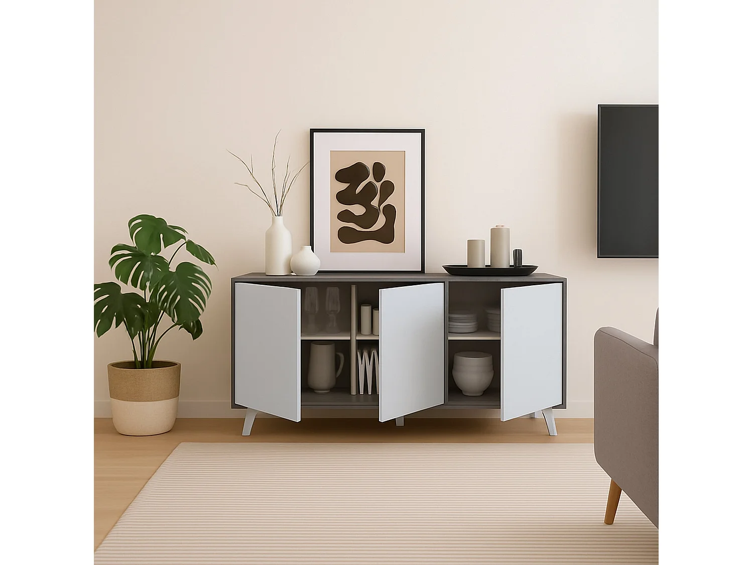 Buffet Weddell, Buffet du salon, Commode de salon, Garde-manger de cuisine, 154x40h72 cm, Gris clair et Blanc