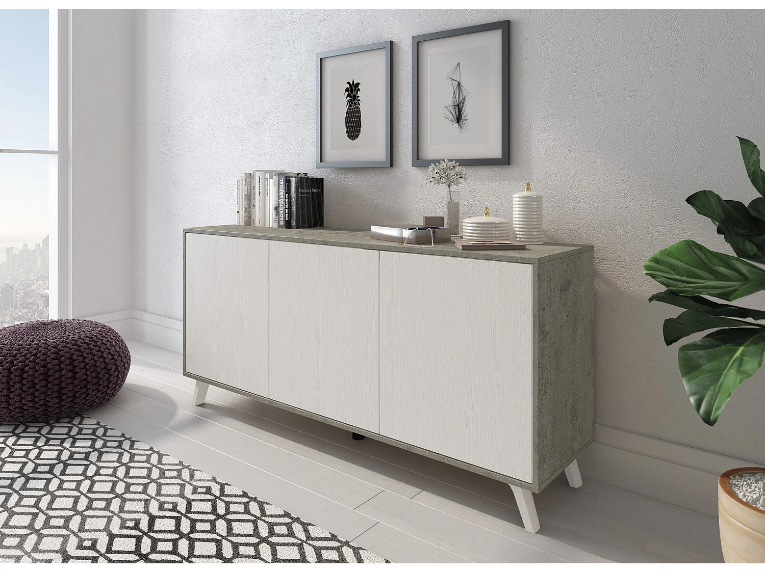 Buffet Weddell, Buffet du salon, Commode de salon, Garde-manger de cuisine, 154x40h72 cm, Gris clair et Blanc