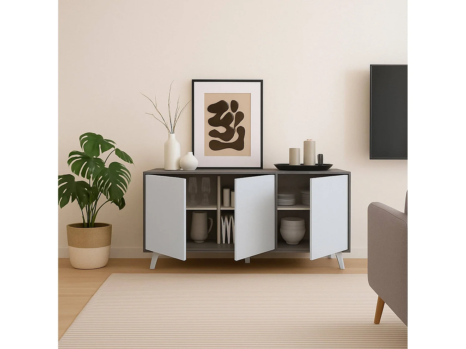 Buffet Weddell, Buffet du salon, Commode de salon, Garde-manger de cuisine, 154x40h72 cm, Gris clair et Blanc