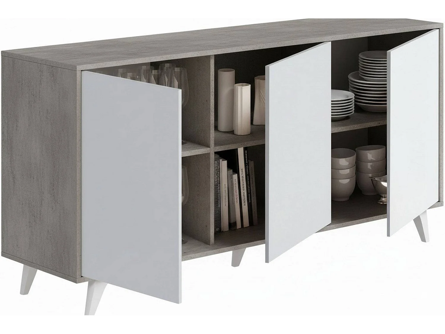 Buffet Weddell, Buffet du salon, Commode de salon, Garde-manger de cuisine, 154x40h72 cm, Gris clair et Blanc