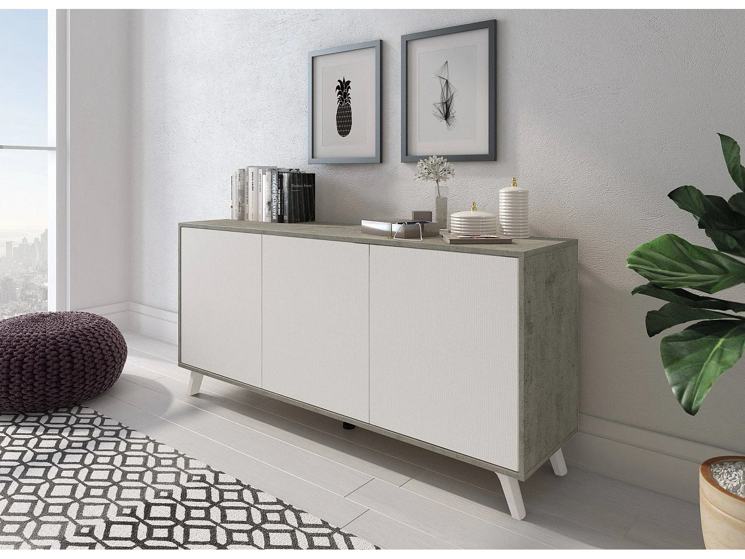 Buffet Weddell, Buffet du salon, Commode de salon, Garde-manger de cuisine, 154x40h72 cm, Gris clair et Blanc