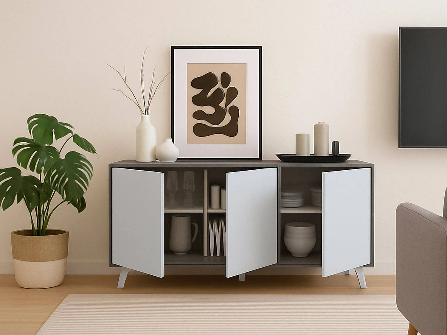Buffet Weddell, Buffet du salon, Commode de salon, Garde-manger de cuisine, 154x40h72 cm, Gris clair et Blanc