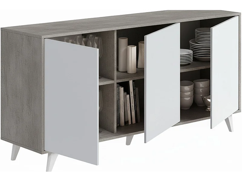 Aparador Dabaid, Buffet de sala, Madia de sala de estar, Despensa de cozinha, 154x40h72 cm, Cinza claro e branco