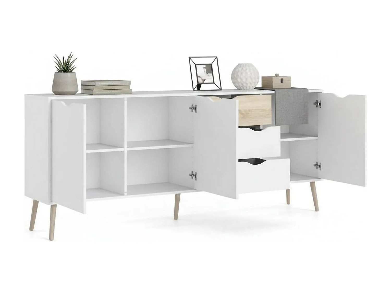 Buffet avec trois portes et trois tiroirs, blanc et chêne, Dimensions 195 x 81 x 39 cm