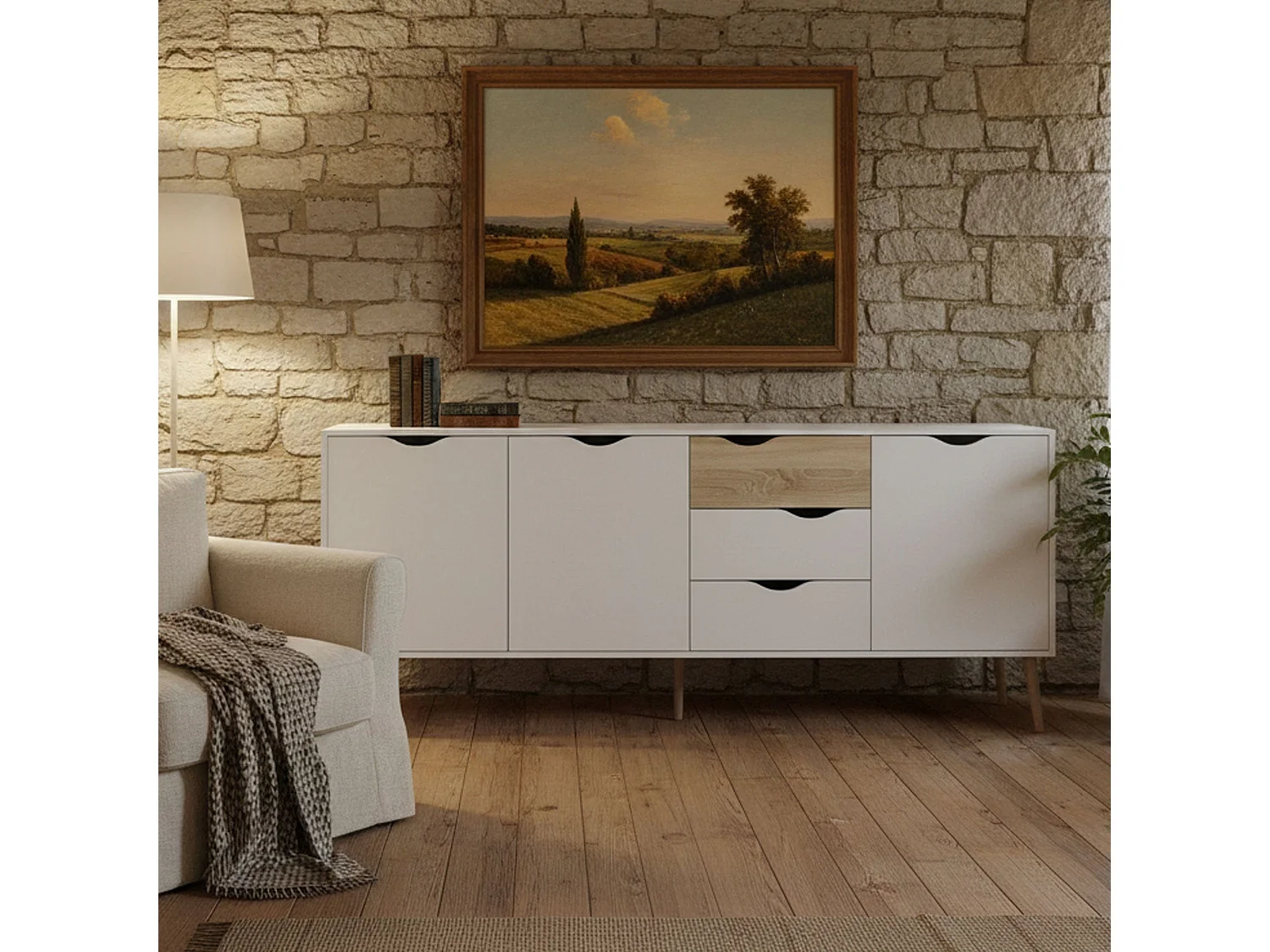 Buffet avec trois portes et trois tiroirs, blanc et chêne, Dimensions 195 x 81 x 39 cm