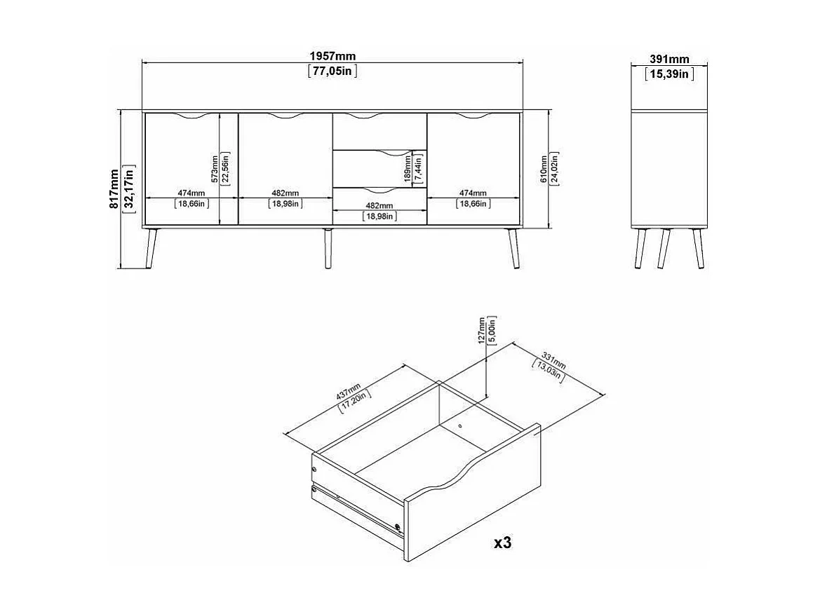 Buffet avec trois portes et trois tiroirs, blanc et chêne, Dimensions 195 x 81 x 39 cm