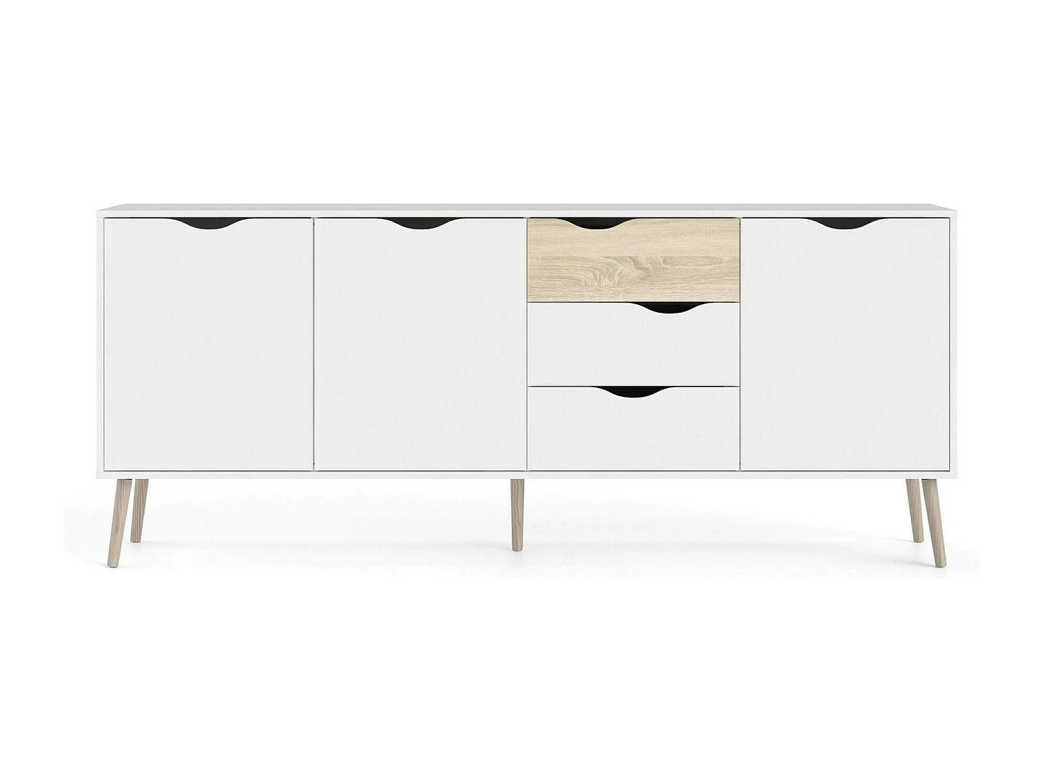 Buffet avec trois portes et trois tiroirs, blanc et chêne, Dimensions 195 x 81 x 39 cm