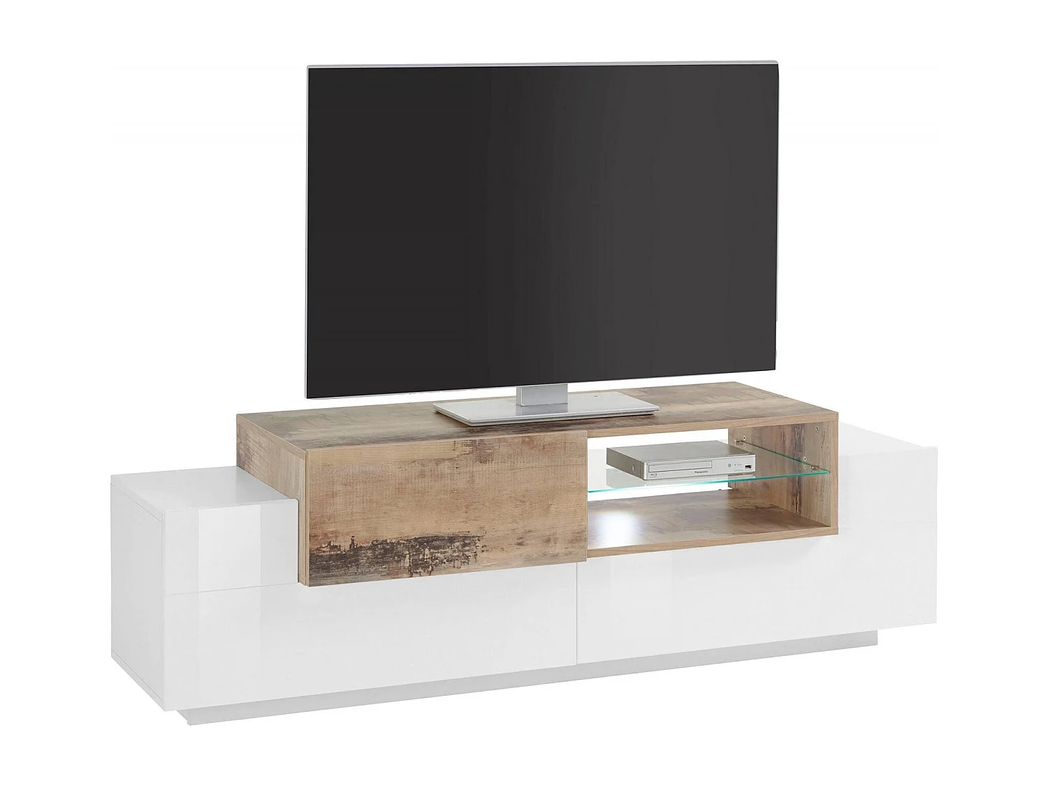 Meuble TV Dlodrin, Buffet bas de salon, Base pour meuble TV, 100% Made in Italy, 160x45h51 cm, Blanc brillant et Érable