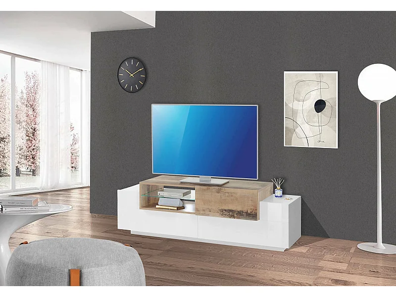 Meuble TV Dlodrin, Buffet ba de alon, Bae pour meuble TV, 100% Made in Italy, 160x45h51 cm, Blanc brillant et Érable