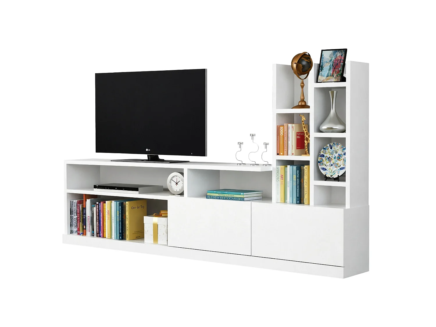 Meuble TV Alni, Buffet de salon, Armoire basse pour TV, Base murale de rangement, 164x25h91 cm, Blanc